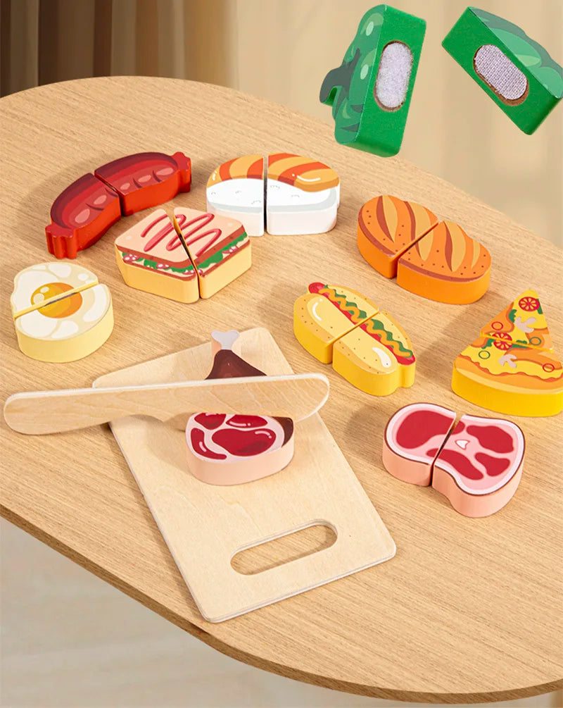 Pretend Kitchen Wooden Toy Game - Educational Cutting Fruit & Veg