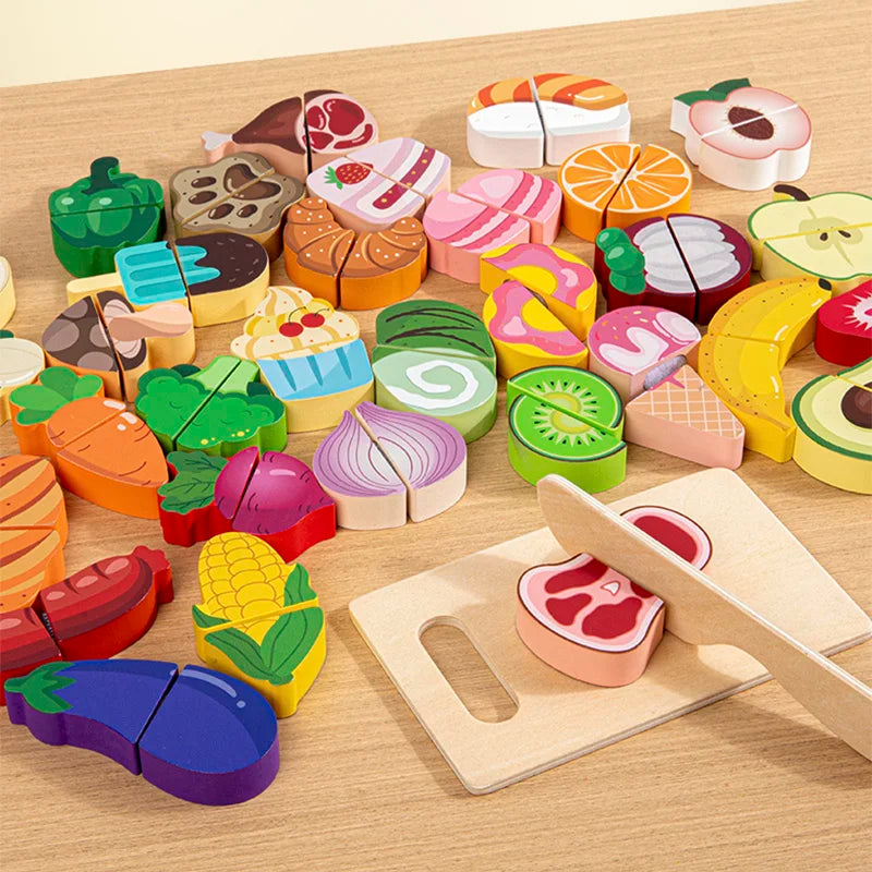 Pretend Kitchen Wooden Toy Game - Educational Cutting Fruit & Veg