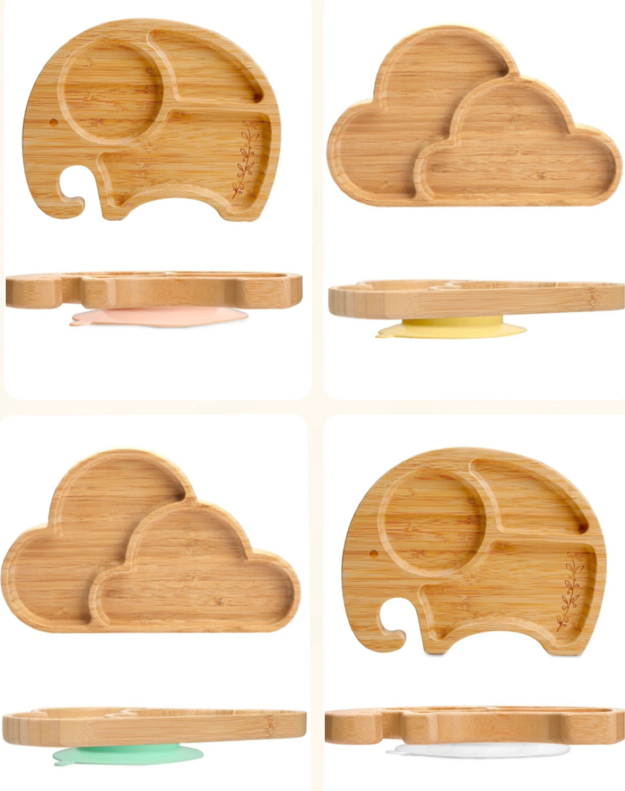 Wooden Bamboo Baby Suction Plate -  Elephant or Cloud