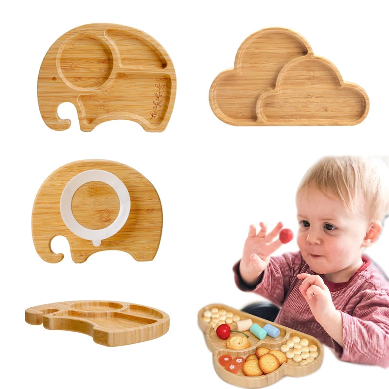 Wooden Bamboo Baby Suction Plate -  Elephant or Cloud