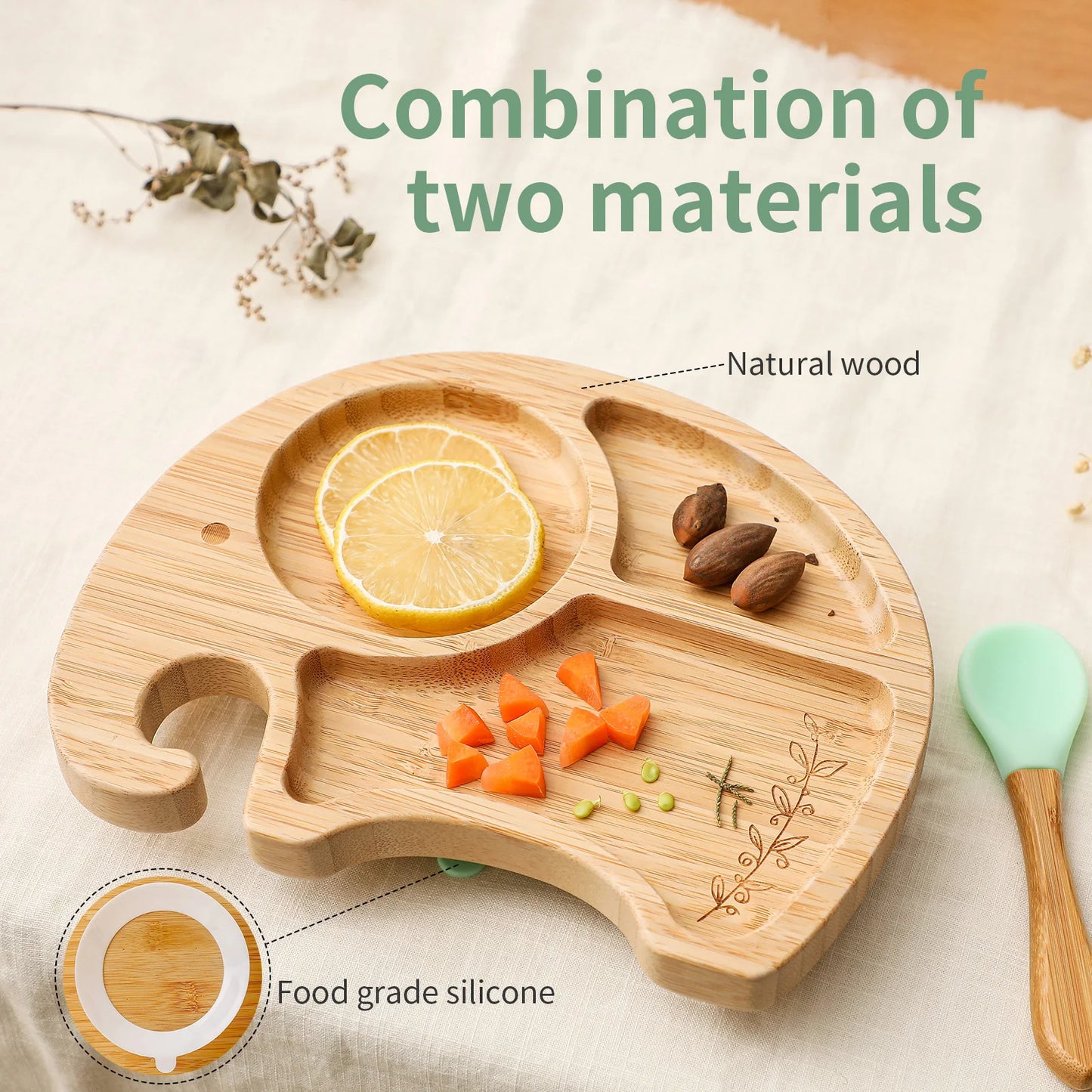 Wooden Bamboo Baby Suction Plate -  Elephant or Cloud